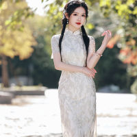 เซ็กซี่เย็บปักถักร้อยตาข่ายชีฟอง Cheongsam Elegant Mandarin Collar แขนสั้นผู้หญิงลูกไม้ Qipao ฤดูร้อนจีนทุกวัน Dress