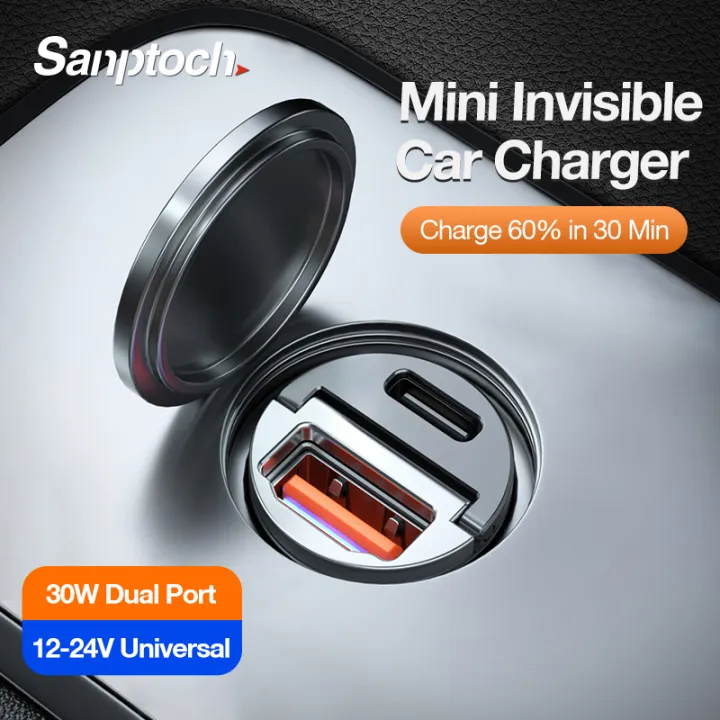 Sanptoch Mini Invisible Car Charger Adapter 60W Fast Charging USB Type C PD30W + QC3.0 Dual Port Metal Quick Charge Compatible with iPhone 14 13 12 11 Pro Max iPad Samsung Huawei Xiaomi