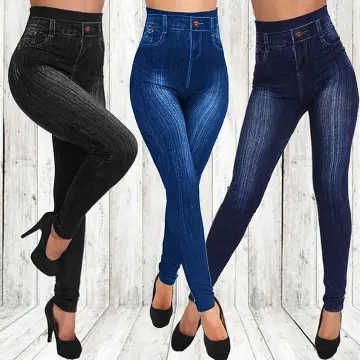 Womens Summer Pencil Jeggings Plus Size Printed Denim Skinny Blue Black  Legging