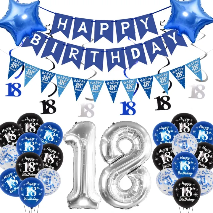 JOYMEMO 18th Birthday Decorations Navy Blue for Boys Happy Birthday Bunting Banner Star Number