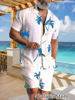 Spot Summer MenS Beach Shirt Suite Coconut Tree 3D Printed Cuba Neck Short -Sleeved Shorts Casual Set
