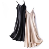 【LZ】❐❃  Vestido suspensor de cetim seda para mulheres saia longa de cetim seda high-end sentimento high-end estilo francês verão