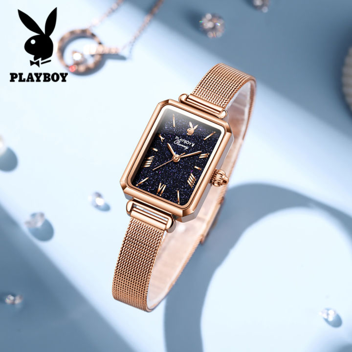 playboy-นาฬิกา-ผู้หญิง2023-กันน้ำ-นาฬิกาแบรนแท้-โรสโกลด์-น่ารักๆ-หน้าปัดสีน้ำเงินสตาร์รี่-การเคลื่อนไหวควอตซ์นำเข้า