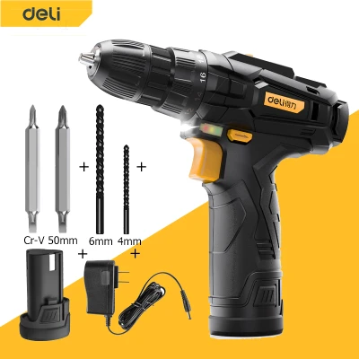 deli สว่านไฟฟ้า สว่านไร้สาย 12V สว่านกระแทก สว่าน 2ระบบ ปรับสปีดได้ สำหรับเจาะไม้ เหล็ก ขันน็อตสกรู พร้อมแบตเตอรี่ 1 ก้อน แท่นชาร์จแบต