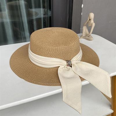 [hot]2023 New Sun Fedora Hats Women Men Caps Flat Top Wide Brim Straw Hat Summer Beach Casual White Ribbon Panama Hats for Ladies