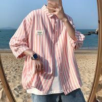 ZZOOI LEGIBLE Summer Pink Stripe Shirts Men Half Sleeve Shirts Male Oversized Casual Shirts for Man