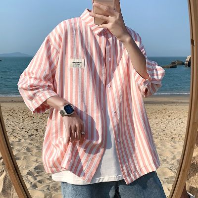 ZZOOI LEGIBLE Summer Pink Stripe Shirts Men Half Sleeve Shirts Male Oversized Casual Shirts for Man