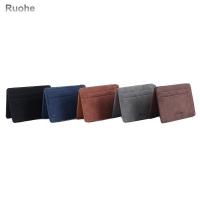 RUOHE กระเป๋าซิปเหรียญหนัง PU กระเป๋าสตางค์ใส่เหรียญธุรกิจ Sampul Kartu ที่ใส่บัตรประชาชนกระเป๋าเงินแบบบางใส่เงินมายากลมีเชือกหนีบผู้ถือบัตรชาย