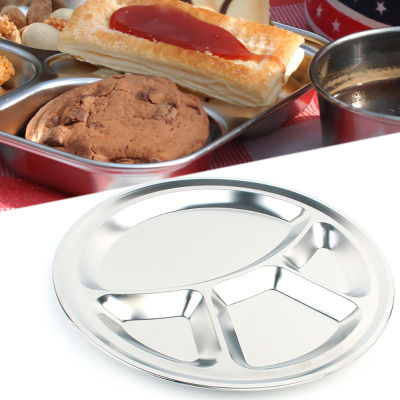 Stainless Steel 4 Grids Divided Dinner Plate Dish Round Students Grid Lunch Tray Food Feeding Bowl Childrens Anti-drop