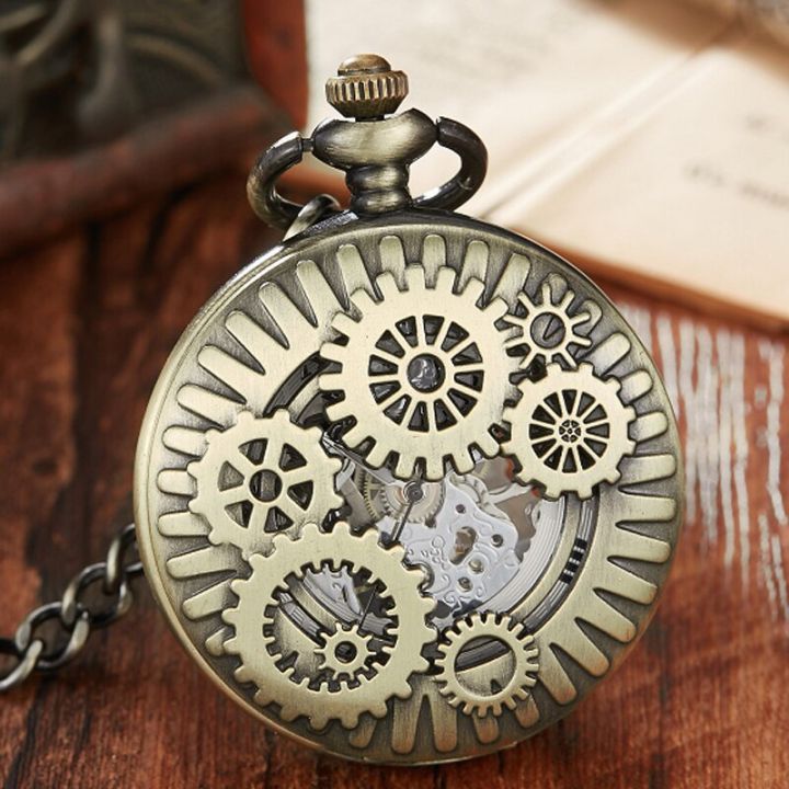 นาฬิกาเครื่องจักรกล-fob-โครงกระดูกสตีมพังค์รูปเฟืองนาฬิกาพอคเก็ตชายมีจี้ห้อยนาฬิกาสำหรับผู้ชายรีโลจิโอเดอโบลโซ่แบบไขลาน