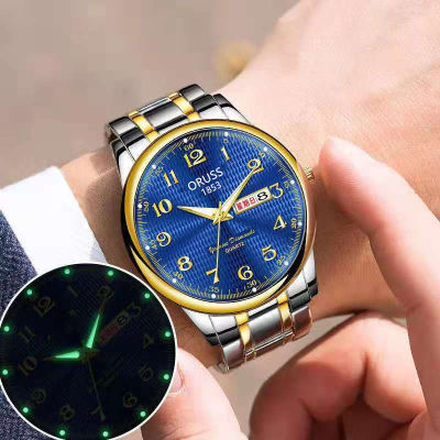 นาฬิกาออรัสสำหรับผู้ชายหน้าปัดกลมแบบดั้งเดิมหน้าปัดเรืองแสงนาฬิกาข้อมือปฏิทินกันน้ำ