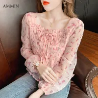 AMMIN 2021 autumn new French square collar sweet floral print chiffon shirt women