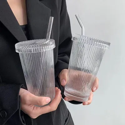 Water Cup Glass Beverage Cup Iced Coffee Cup Vertical Stripe Pipette Cup With Cover