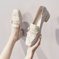 ✇✾✁ Real soft leather single shoes slip-on womens shoes Korean version 2022 new all-match thick heel two-wear leather shoes mid-heel loafers