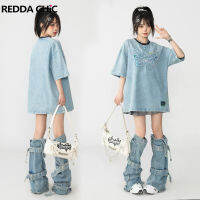 REDDACHiC Acubi แฟชั่นเข็มขัดสีฟ้าขาอุ่นผู้หญิง Gaiter Denim ผ้าพันแผล Y2k Cuffs รองเท้าต้นขา-ถุงเท้ายาว Topper Legging