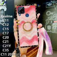 JieFie Luxury Glitter เคสโทรศัพท์สำหรับ Realme C15 / C11 / C12 / C17 / C20 / C21 / C21Y / C11 2021/C35แฟชั่น Colorblock คลื่นกรณี Chrome TPU ยางสแควร์โทรศัพท์ + Lanyard