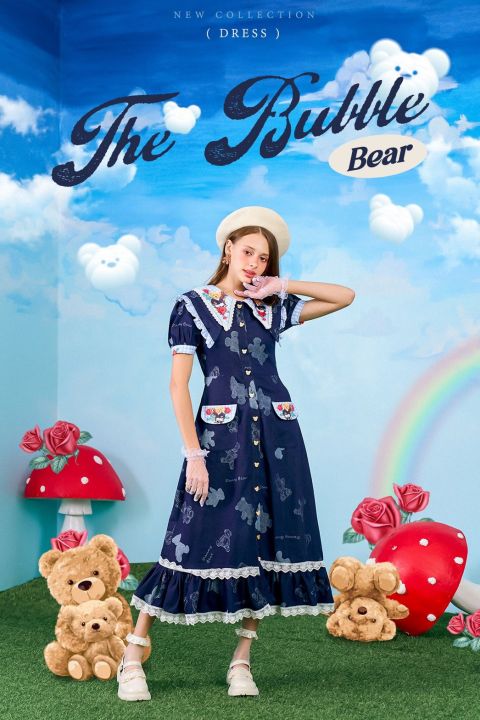 the-bubble-bear-dress-เดรสยีนส์พิมพ์ลายหมี-กระดุมหมีน่ารัก-เดรสยีนส์ยาวลายหมี