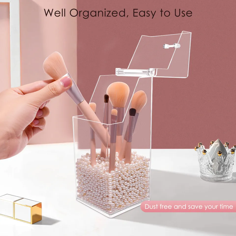 Clear Square Discoball Dustproof Makeup Brush Holder Organizer with Lid  Pearl Cosmetic Organiser Storage Box