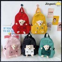 JINGWEI หมีน้อย กระเป๋าเป้สะพายหลังผ้ากำมะหยี่สำหรับเด็ก ซิปมีซิป สีทึบทึบ กระเป๋านักเรียนชายหญิง ที่มีคุณภาพสูง กระเป๋าโรงเรียนเด็ก สำหรับเด็กๆ