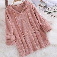 [Hot]ฤดูใบไม้ร่วงฤดูหนาวแขนยาว Plush Hoodies ผู้หญิง Warm Solid Fluffy Hoodies Flannel Pullover ชุดนอนหลวม Hooded Sweatshirts Tops