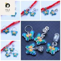 YALA 2pcs/set Cloisonne แหวนถักผมผีเสื้อ สีฟ้าสีฟ้า โลหะผสมอัลลอยด์ ลูกปัดถักผม เครื่องมือจัดแต่งทรงผม เครื่องรางที่มีเสน่ห์ ลูกปัดเดรดล็อค ผู้หญิง/เด็กผู้หญิง/เด็ก