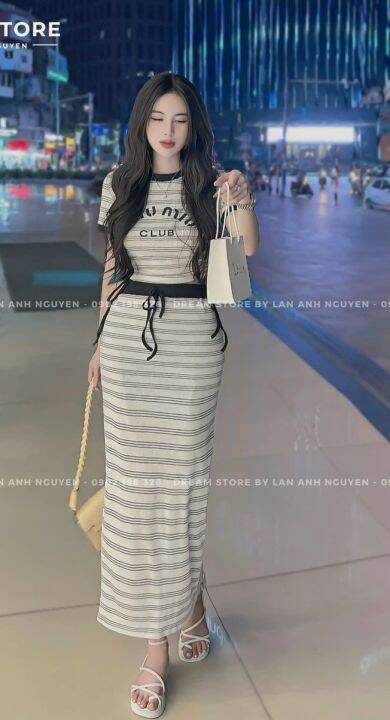 Set Váy Thun Ôm Body Kẻ Sọc Mẫu Mới Mặc Đi Chơi, Áo Croptop Tay Ngắn Rút  Dây Hông, Chân Váy Suông Ôm Dài | Lazada.Vn