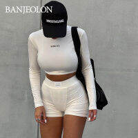 BANJEOLON แขนยาวคอกลมสีทึบ กางเกงขาสั้นพิมพ์ Leggings ชุดเซ็ทผู้หญิง ชุดออกกำลังผญ BAN283