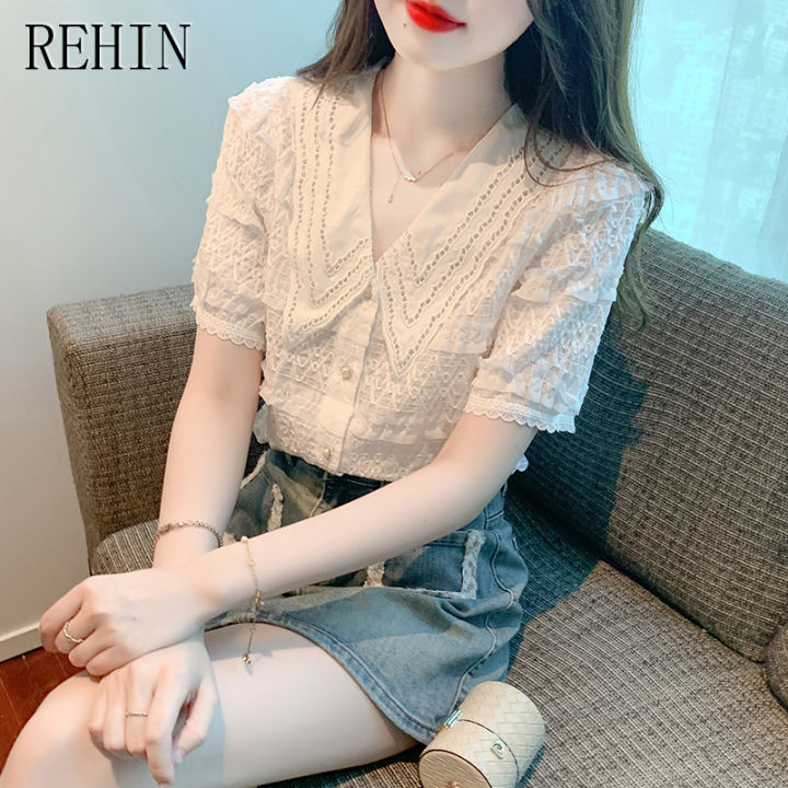 rehin-เสื้อชีฟองแขนสั้นลูกไม้คอวีปักแฟชั่นหวานฝรั่งเศสสำหรับผู้หญิงอินเทรนด์