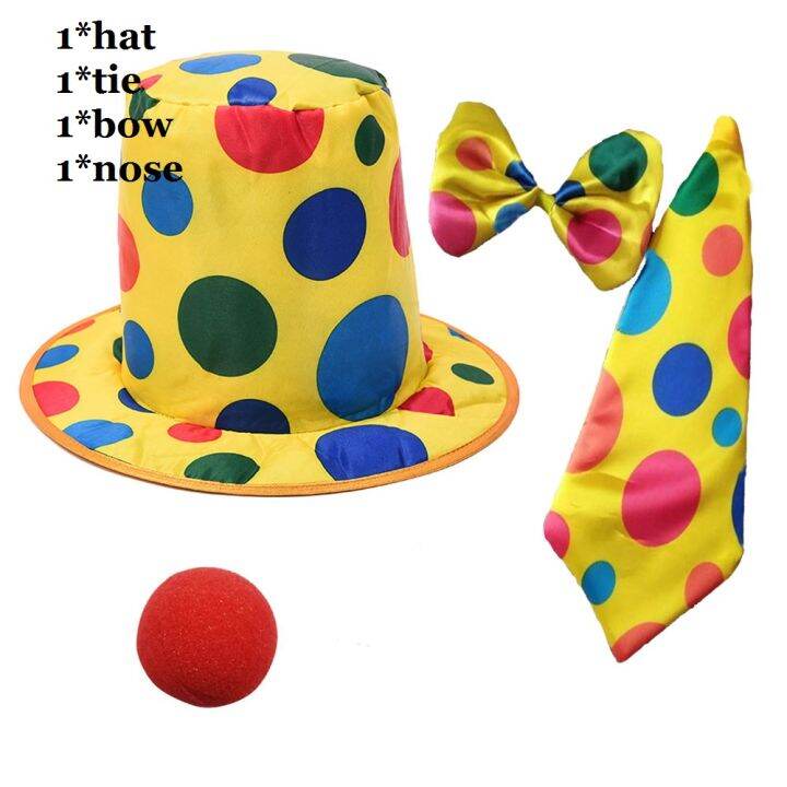 polka-dots-clown-hat-tie-bow-clown-nose-circus-accessories-for-party-holiday-festival-props-costume-cosplay-halloween