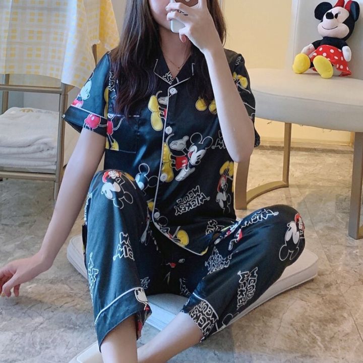 Spring Summer Ladies Faux Silk Pajama 2 Pieces Sets Sexy Homewear