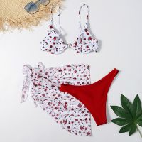 *wobaofu* Womens Bikini Flower Print Cross Bandeau Three Piece Swimsuit Beach Swimwear