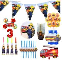 ❈◎ Fireman Sam Theme Birthday Party Tableware Banner Paper Cup Plate Fire Truck Balloon Party Supplise Boy Baby Shower Decor