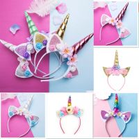 【YF】 New Cute Women Kids Headband Sweet Flower Unicorn Horn Hair Band Birthday Party Floral Crown Headwear