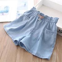 Celana Pendek Denim ผ้าไหมผูกโบว์สำหรับเด็กผู้หญิงอายุ23ฤดูร้อน