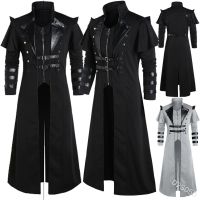 2023 Vintage Halloween Medieval Steampunk Assassin Elves Pirate Costume Adult Men Black Long Split Jacket Gothic Armor Leather Coats