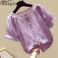 Luxqlo เสื้อผู้หญิงสีม่วง,เสื้อชีฟองเสื้อเชิ้ตพลัสไซส์หวานแฟชั่นสไตล์เกาหลีทรงหลวมเสื้อยืดผู้หญิงแฟชั่นแขนสั้น