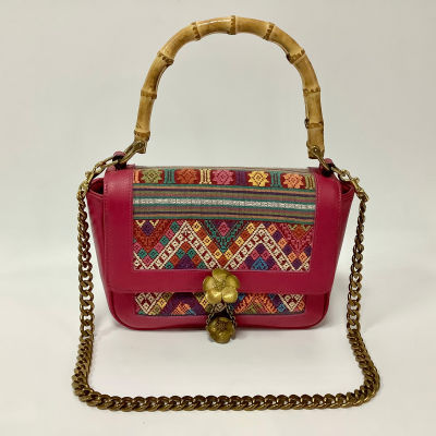 WelcomeWinter กระเป๋าหนังแท้ผสมผ้าไทย รุ่น Lady Bamboo Pink Size 24 x 19 x 9.5 cm.