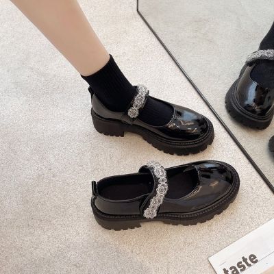 Autumn/winter 2021 British loafers new beaded Mary Jane shoes small leather shoes Velcro shoes single shoe shoes