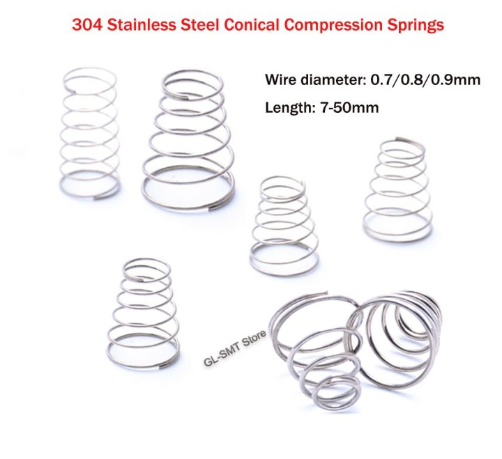 tower-spring-304-stainless-steel-conical-compression-springs-wire-diameter-0-7-0-8-0-9mm-taper-pressure-spring-length-7-50mm-electrical-connectors