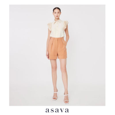 [asava ss23] Asava Classic Turn-up Shorts กางเกงผู้หญิง ขาสั้น เอวสูง ทรงตรง กระเป๋าข้าง แต่งพับชาย