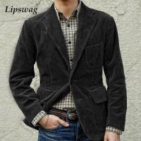 Mens Winter Corduroy Vintage Jacket Solid Casual Turn-down Collar Blazer Coats For Men Autumn Fashion Pocket Slim Suit Outerwear