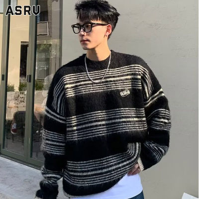 ASRV เสื้อกันหนาว ผช เสื้อกันหนาว ผู้ชาย สเวตเตอร์ชาย sweaters for men เสื้อกันหนาวลายทางถักสำหรับผู้ชาย,เสื้อสเวตเตอร์คู่รักให้ความอบอุ่นลำลองทรงหลวมเสื้อยืดคอกลม