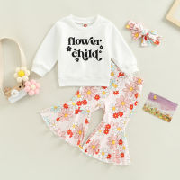 【Forever CY Baby】Kids Girls Clothes Outfits Letter Printed Long Sleeve Sweatshirt Tops With Floral Print Flared Pants Headband Set