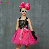 Bright Pink Girls Tutu Dress with Headband and Glasses Bow Leopard Fancy Kids Tulle Birthday Party Dress Pageant Dance Costume