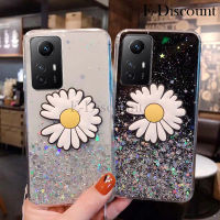 เคสโทรศัพท์ใหม่สำหรับ Redmi Note 12S ฝาครอบแวววาวแวววาวประกายแสงดอกเบญจมาศดวงจันทร์เลื่อมซิลิโคนใสพับเป็นขาตั้งสำหรับ Redmi Note 12S