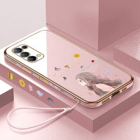 (คลังสินค้าพร้อม) เคสเคสมือถือสำหรับ OPPO Reno 5 Reno5 5กรัมพร้อมฟรีสายคล้อง + การ์ตูนผีเสื้อหญิงสาวขอบสี่เหลี่ยมปลอกชุบชุบฝาหลังนิ่ม