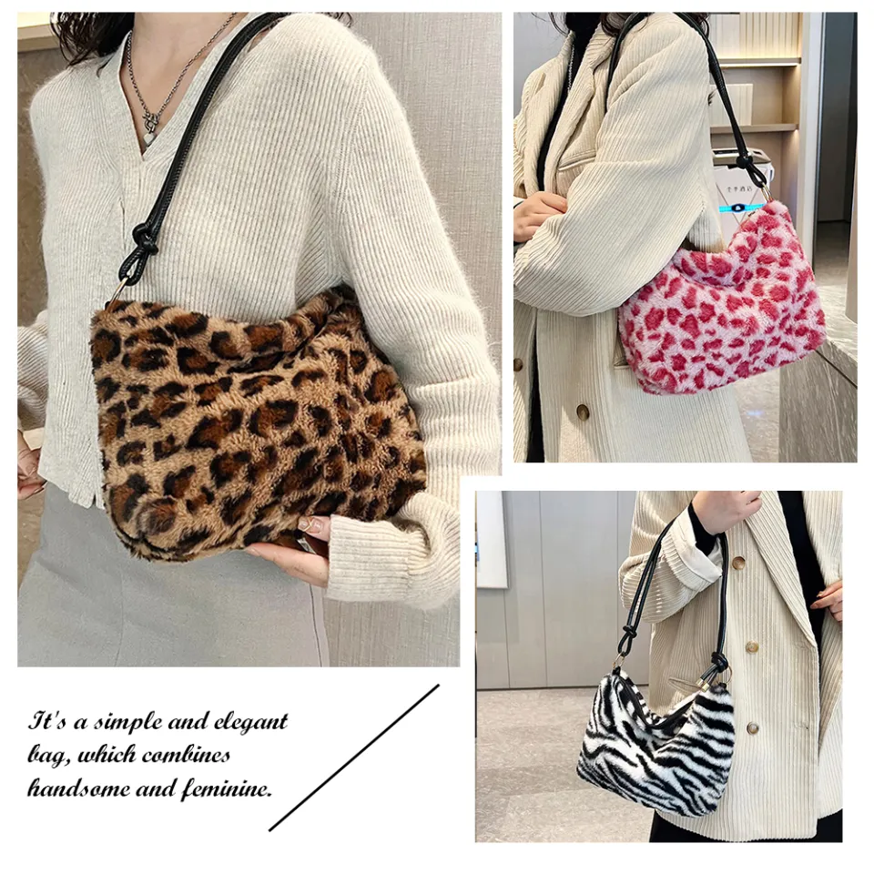 Women's Bags 2022 New Trend Faux Fur Hand Bags Pink Leopard Print