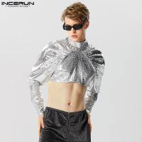 Stylish Hot Sale Tops INCERUN Handsome New Men Flash Cropped Half High Neck T-shirts Raglan Bubble Sleeve Long Sleeve Tees S-5XL