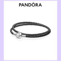 Pandora สร้อยข้อมือหนังถัก เงิน 925 แบบห่วงคู่ อเนกประสงค์