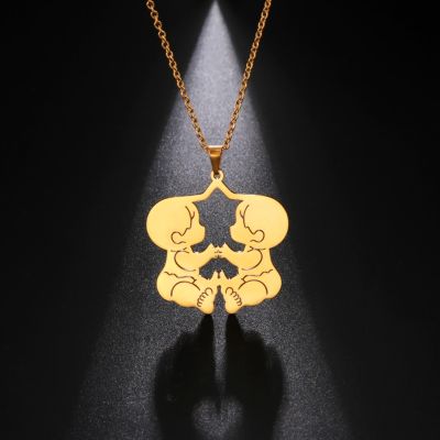 【CW】Amaxer Stainless Steel Necklaces Two Little Boys Pendant Twins Necklace Choker for Women Men Jewelry Party Gifts